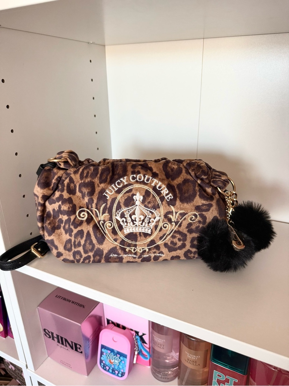 Juicy Couture Leopard Print Crossbody with Black Pom Pom